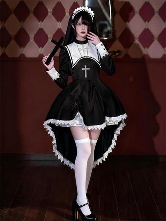 ブラック ゴシックロリータ修道女ドレス、ハイローヘムラインデザイン、ヘッドドレスアクセサリー付き