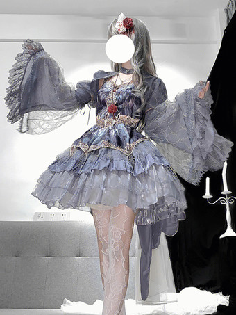 ゴシックロリータ ツーピースセット ストラップレスJSKとグレーのシースルースリーブケープ