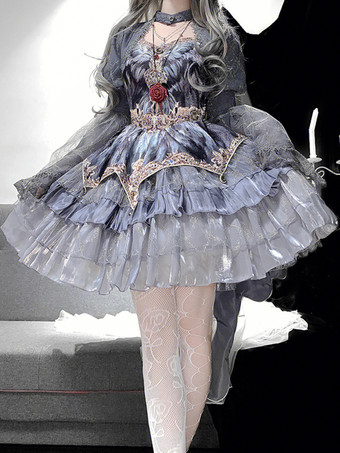 ゴシックロリータ ツーピースセット ストラップレスJSKとグレーのシースルースリーブケープ