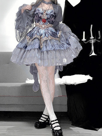 ゴシックロリータ ツーピースセット ストラップレスJSKとグレーのシースルースリーブケープ