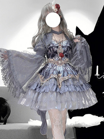 グレイゴシックロリータ ツーピースセット ストラップレスJSKとグレーのシースルースリーブケープ