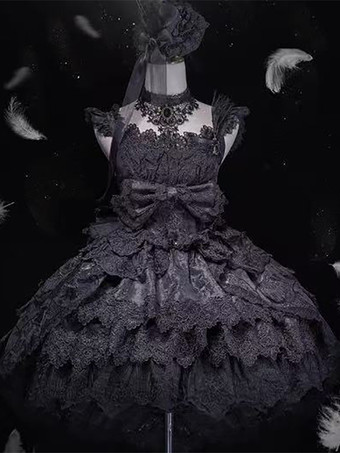 ブラック スイートロリータドレス レーストリム ノースリーブ ジャンパースカート ふっくらシルエット 3色