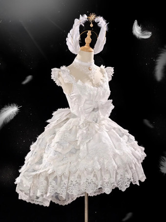 スイートロリータドレス レーストリム ノースリーブ ジャンパースカート ふっくらシルエット 3色