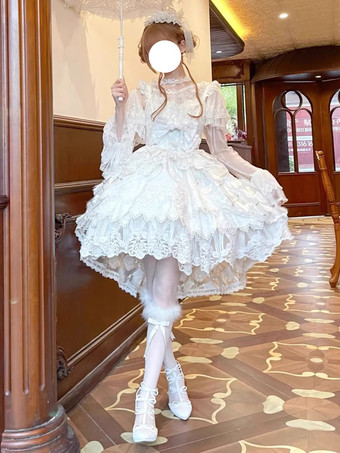 スイートロリータドレス レーストリム ノースリーブ ジャンパースカート ふっくらシルエット 3色