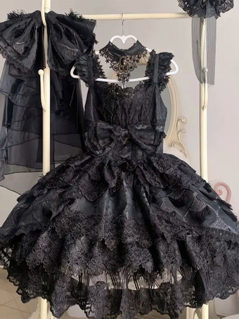 スイートロリータドレス レーストリム ノースリーブ ジャンパースカート ふっくらシルエット 3色