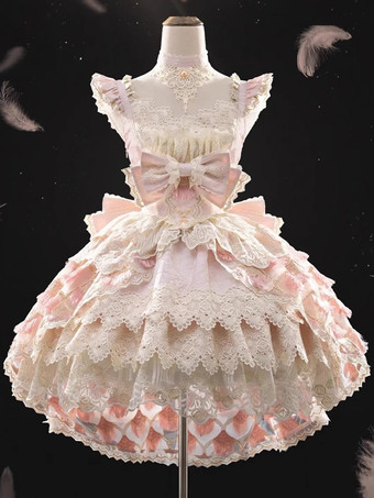 スイートロリータドレス レーストリム ノースリーブ ジャンパースカート ふっくらシルエット 3色