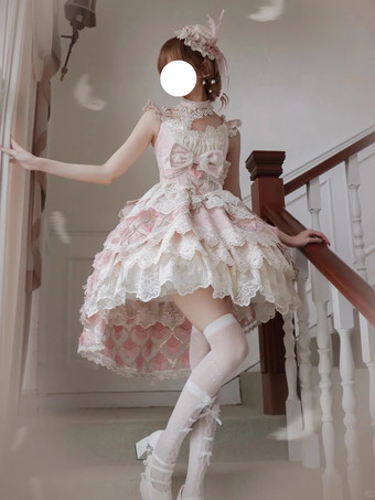 スイートロリータドレス レーストリム ノースリーブ ジャンパースカート ふっくらシルエット 3色