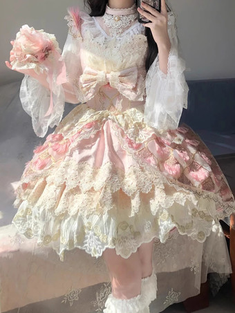 ピンクスイートロリータドレス レーストリム ノースリーブ ジャンパースカート ふっくらシルエット 3色