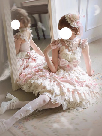 スイートロリータドレス レーストリム ノースリーブ ジャンパースカート ふっくらシルエット 3色