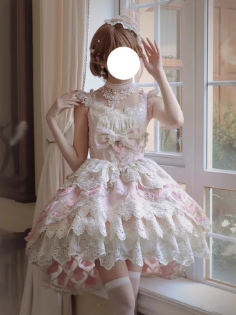 スイートロリータドレス レーストリム ノースリーブ ジャンパースカート ふっくらシルエット 3色