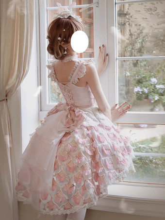 スイートロリータドレス レーストリム ノースリーブ ジャンパースカート ふっくらシルエット 3色