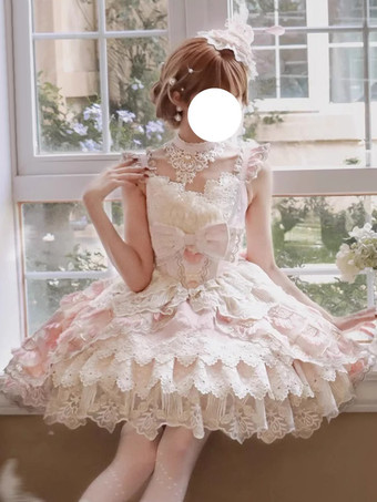 スイートロリータドレス レーストリム ノースリーブ ジャンパースカート ふっくらシルエット 3色