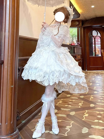 スイートロリータドレス レーストリム ノースリーブ ジャンパースカート ふっくらシルエット 3色