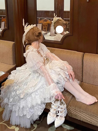 スイートロリータドレス レーストリム ノースリーブ ジャンパースカート ふっくらシルエット 3色