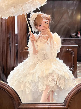 スイートロリータドレス レーストリム ノースリーブ ジャンパースカート ふっくらシルエット 3色