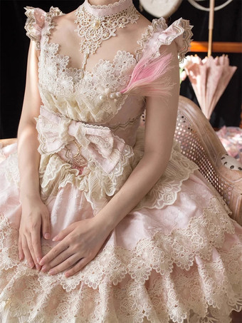 スイートロリータドレス レーストリム ノースリーブ ジャンパースカート ふっくらシルエット 3色