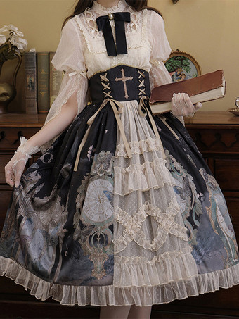 クラシカルロリータ3点セット コルセットウエストスカート＆シースルーブラウス＆キャミソールアンダーシャツコーデ