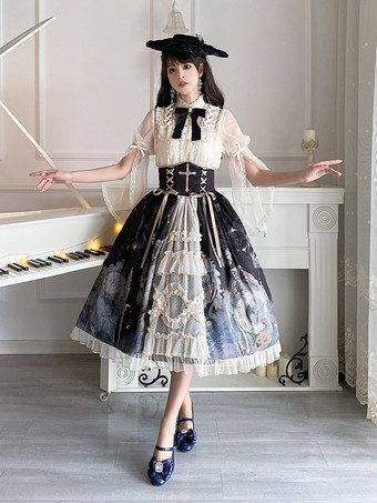 クラシカルロリータ3点セット コルセットウエストスカート＆シースルーブラウス＆キャミソールアンダーシャツコーデ