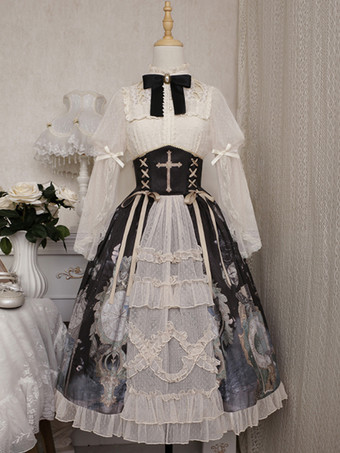 クラシカルロリータ3点セット コルセットウエストスカート＆シースルーブラウス＆キャミソールアンダーシャツコーデ