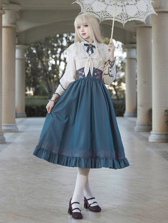 クラシカルロリータ3点セット ホワイトレースブラウス、ブループリーツスカート、シフォンショール