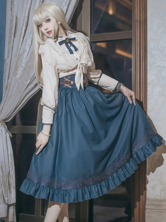 クラシカルロリータ3点セット ホワイトレースブラウス、ブループリーツスカート、シフォンショール