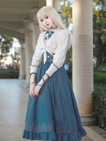 クラシカルロリータ3点セット ホワイトレースブラウス、ブループリーツスカート、シフォンショール