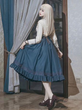 クラシカルロリータ3点セット ホワイトレースブラウス、ブループリーツスカート、シフォンショール