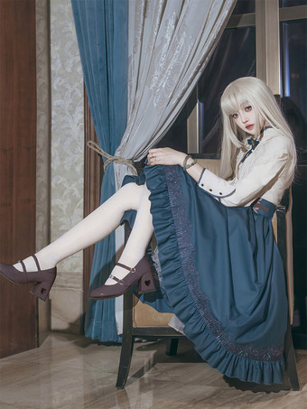 クラシカルロリータ3点セット ホワイトレースブラウス、ブループリーツスカート、シフォンショール