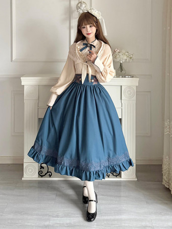 クラシカルロリータ3点セット ホワイトレースブラウス、ブループリーツスカート、シフォンショール