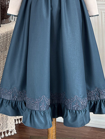 クラシカルロリータ3点セット ホワイトレースブラウス、ブループリーツスカート、シフォンショール