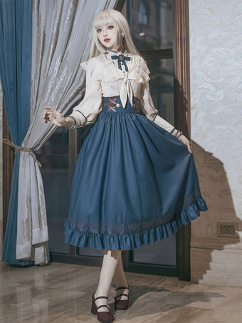 ブルー クラシカルロリータ3点セット ホワイトレースブラウス、ブループリーツスカート、シフォンショール