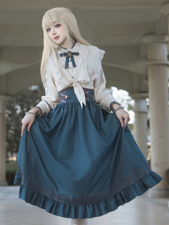 クラシカルロリータ3点セット ホワイトレースブラウス、ブループリーツスカート、シフォンショール