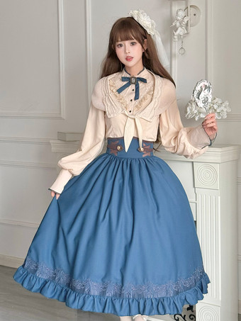 クラシカルロリータ3点セット ホワイトレースブラウス、ブループリーツスカート、シフォンショール