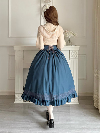 クラシカルロリータ3点セット ホワイトレースブラウス、ブループリーツスカート、シフォンショール