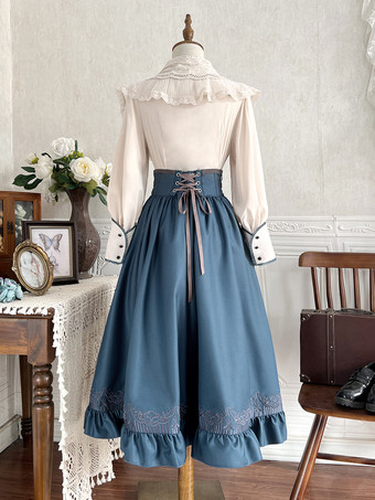 クラシカルロリータ3点セット ホワイトレースブラウス、ブループリーツスカート、シフォンショール