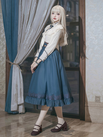 クラシカルロリータ3点セット ホワイトレースブラウス、ブループリーツスカート、シフォンショール