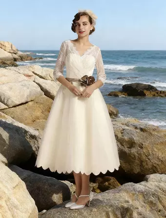 Vintage Wedding Dress Short Lace Tulle Bridal Dress Half Sleeve V Neck  Backless A Line Flower Sash Tea Length Bridal Gown Milanoo Free  Customization - Milanoo.com