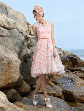 blush short wedding dress Blush Pink Lace Wedding Dress: Short Bridal Gown With Sleeves