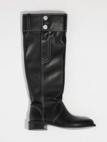 ブラックフラットブーツ レディース ラウンドトゥ バックルディテールデザイン ニーハイブーツ