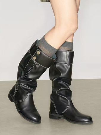 ブラック ブラックフラットブーツ レディース ラウンドトゥ バックルディテールデザイン ニーハイブーツ