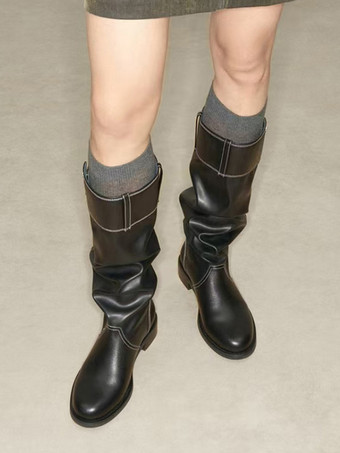 ブラックフラットブーツ レディース ラウンドトゥ バックルディテールデザイン ニーハイブーツ
