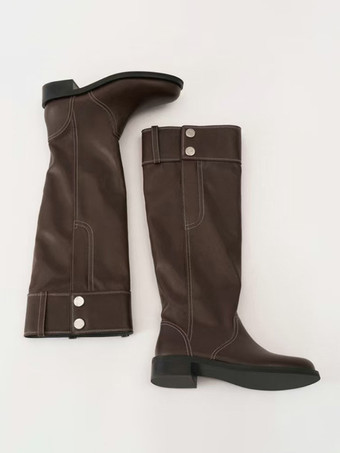 ブラックフラットブーツ レディース ラウンドトゥ バックルディテールデザイン ニーハイブーツ