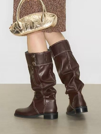 ブラックフラットブーツ レディース ラウンドトゥ バックルディテールデザイン ニーハイブーツ