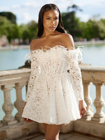 アイボリーショートウェディングドレス バトーネック 7分袖 Aライン ショートブライダルドレス