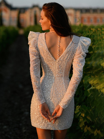 ショート丈ウェディングドレス Vネック 長袖 ショート丈 ヴィンテージブライダルドレス