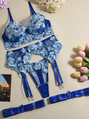 4点セット 刺繍ランジェリー ロイヤルブルー ブラ パンティ ガーターセット