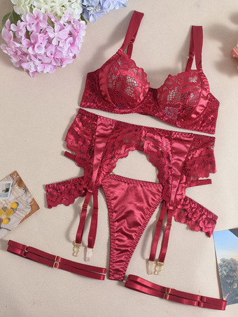 4点セット シースルーランジェリー レース バーガンディ ブラ パンティ ガーターセット
