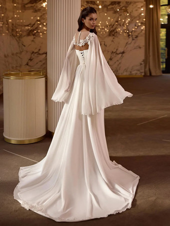 ウェディングラップ アイボリー ロングスリーブ イリュージョンネックライン スリットスリーブ ショール シフォン レース ブライダルカバーアップ