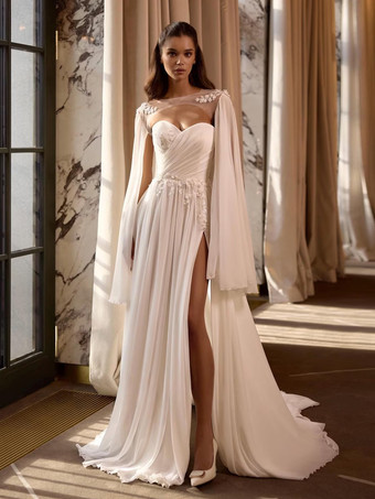 ウェディングラップ アイボリー ロングスリーブ イリュージョンネックライン スリットスリーブ ショール シフォン レース ブライダルカバーアップ