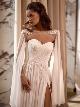 アイボリーウェディングラップ アイボリー ロングスリーブ イリュージョンネックライン スリットスリーブ ショール シフォン レース ブライダルカバーアップ